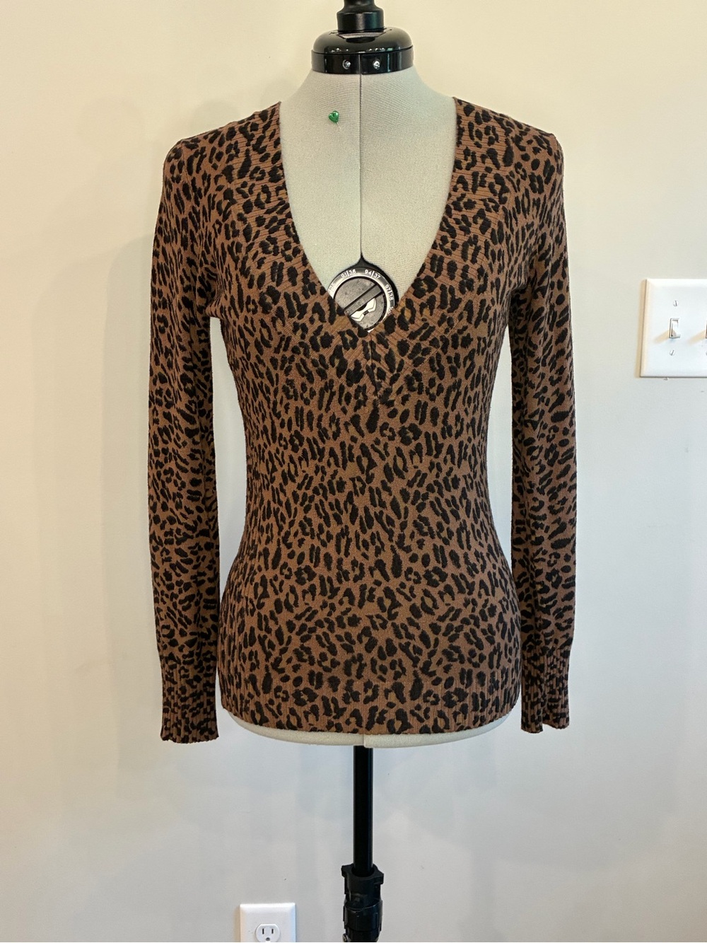 Express Brown and Black Leopard V-Neck Long Sleeve Top